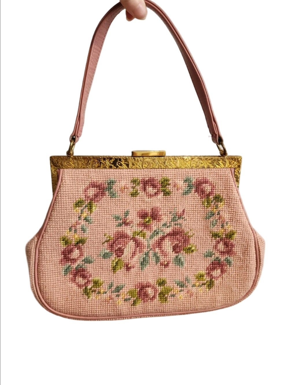 Vintage Pink Floral Needlepoint Handbag ft ornate gold floral trim detailing